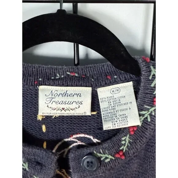 VTG Northern Treasures Womens M Navy Blue Button-Up Cardigan Holiday Sweater - Picture 3 of 7
